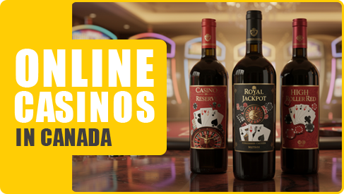 A picture containing wine bottles with a casino in the background, the picture has text online casinos in canada